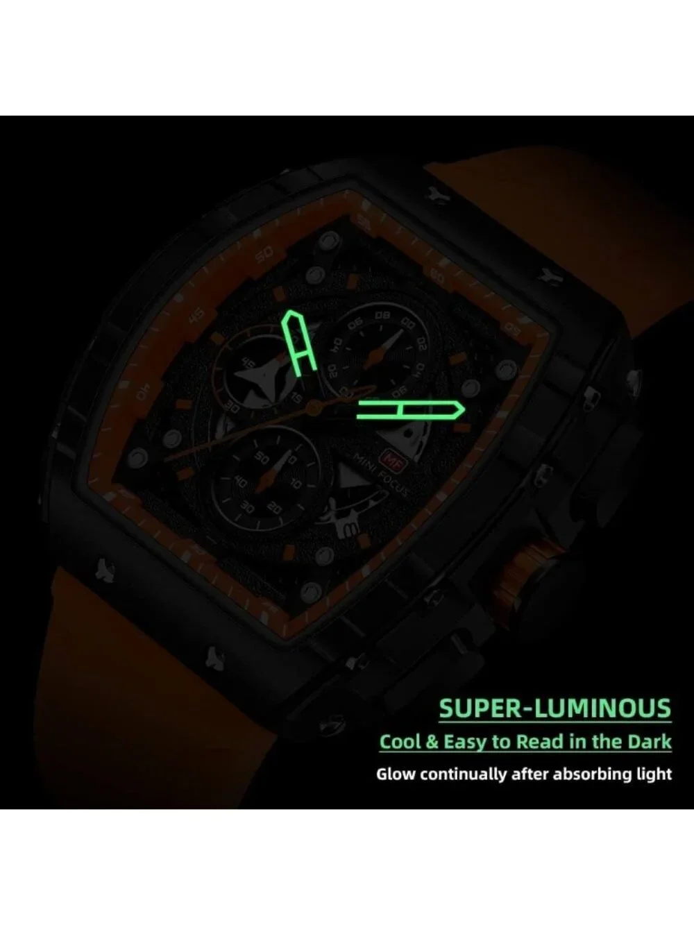 Men's Orange Silicon Strap Quartz Chronograph Waterproof Luminous Tonneau Watch